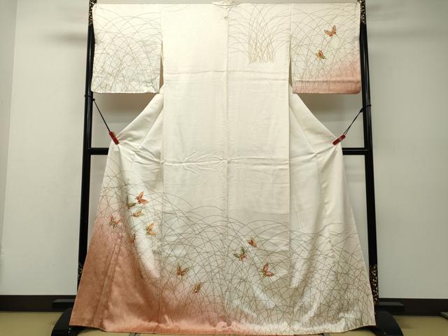 en44　裾引き2点　舞台用　正絹　花柄　金紗の絵柄 平和屋着物□訪問着 駒刺繍 舞蝶文 暈し染め 金彩 正絹