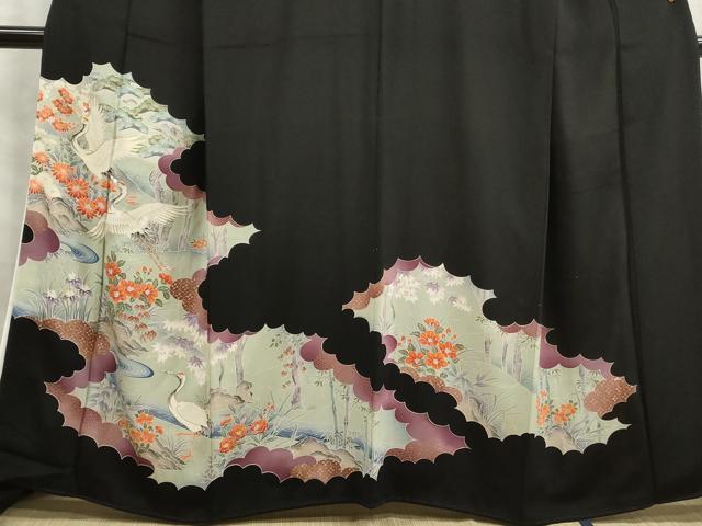 平和屋着物□豪華黒留袖 駒刺繍 流水飛鶴草花文 金彩 正絹