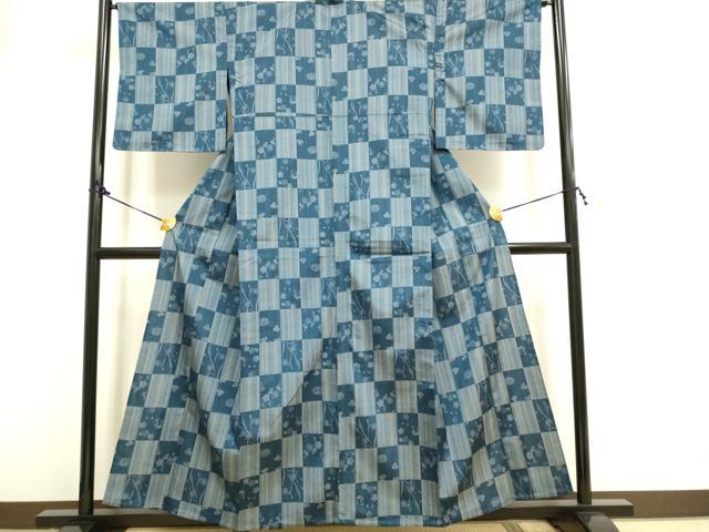 平和屋着物▽上質な紬 単衣 市松舞花文 正絹 逸品 DAAQ7526du