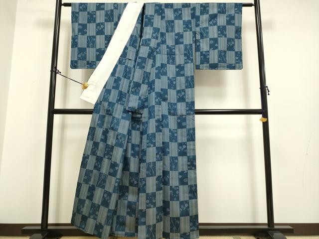 平和屋着物▽上質な紬 単衣 市松舞花文 正絹 逸品 DAAQ7526du