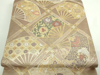 平和屋着物■六通柄袋帯 菱格天扇 金糸 正絹 逸品 DAAQ8333sf
