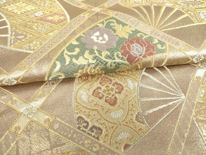 平和屋着物■六通柄袋帯 菱格天扇 金糸 正絹 逸品 DAAQ8333sf