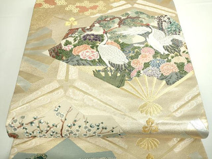 平和屋着物■六通柄袋帯 唐織 扇面群鶴花文 金糸 正絹 逸品 DAAQ8379sf