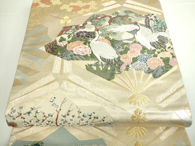 平和屋着物■六通柄袋帯 唐織 扇面群鶴花文 金糸 正絹 逸品 DAAQ8379sf
