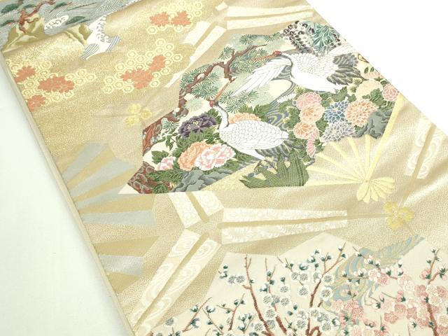 平和屋着物■六通柄袋帯 唐織 扇面群鶴花文 金糸 正絹 逸品 DAAQ8379sf