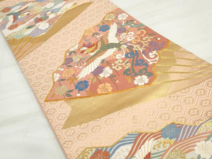 平和屋着物◎西陣 野々村織物謹製 六通柄袋帯 唐織 扇面花鳥文 金糸 正絹 逸品 DAAQ8637qa