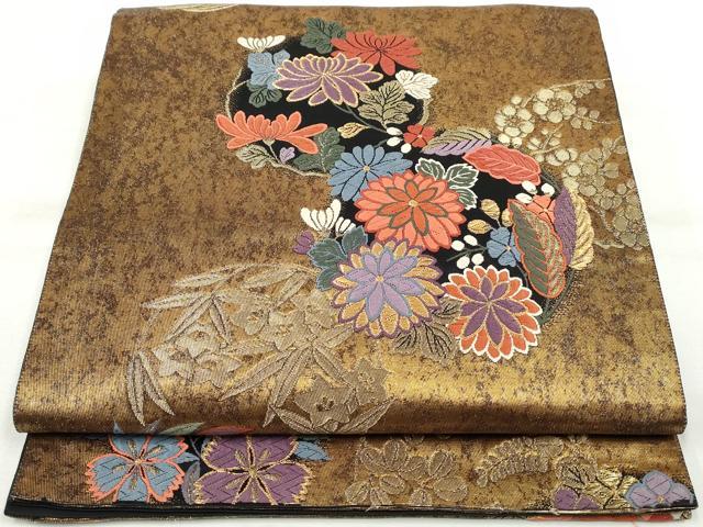 平和屋着物◎六通柄袋帯 花丸文 黒地 金糸 引箔 正絹 逸品 DAAQ8639qa