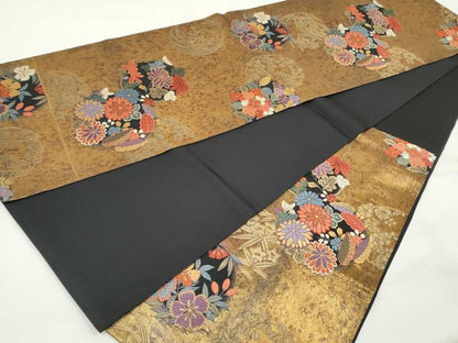 平和屋着物◎六通柄袋帯 花丸文 黒地 金糸 引箔 正絹 逸品 DAAQ8639qa