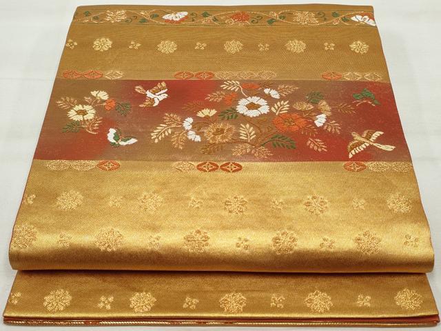 平和屋着物◎六通柄袋帯 唐織 横段花鳥文 金糸 引箔 正絹 逸品 DAAQ8652qa