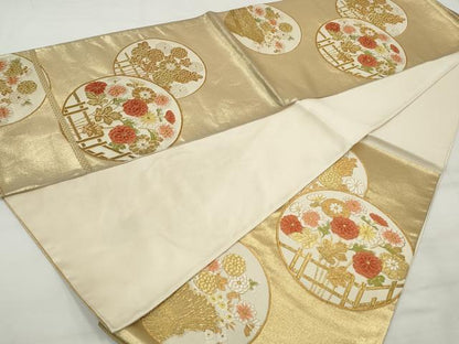 平和屋着物◎六通柄袋帯　唐織　花丸文　金糸　正絹　逸品　DAAQ8671qa