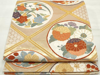 平和屋着物◎六通柄袋帯 唐織 天井花丸文 金糸 正絹 逸品 DAAQ8682qa