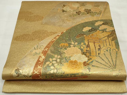 平和屋着物◎太鼓柄袋帯 扇面御所車花文 金銀彩 引箔 正絹 逸品 DAAQ8683qa