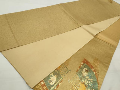 平和屋着物◎太鼓柄袋帯 扇面御所車花文 金銀彩 引箔 正絹 逸品 DAAQ8683qa