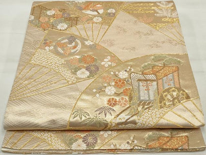 平和屋着物◎六通柄袋帯　御所車花文　金糸　正絹　逸品　DAAQ8684qa