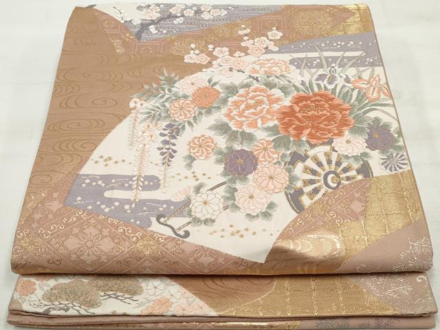 平和屋着物◎六通柄袋帯　唐織　扇面重花車文　金糸　正絹　逸品　DAAQ8692qa