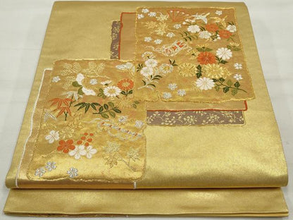平和屋着物◎太鼓柄袋帯　色紙花鳥文　金銀糸　引箔　正絹　逸品　DAAQ8694qa