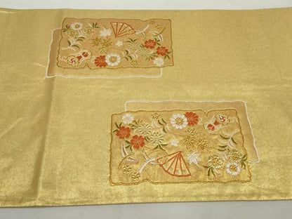 平和屋着物◎太鼓柄袋帯　色紙花鳥文　金銀糸　引箔　正絹　逸品　DAAQ8694qa