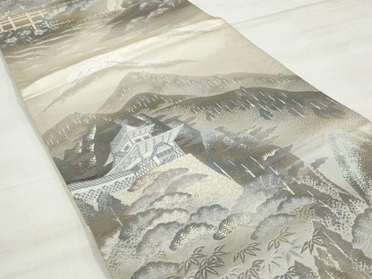 平和屋着物◎六通柄袋帯　風景文　銀糸　正絹　逸品　DAAQ8764qa