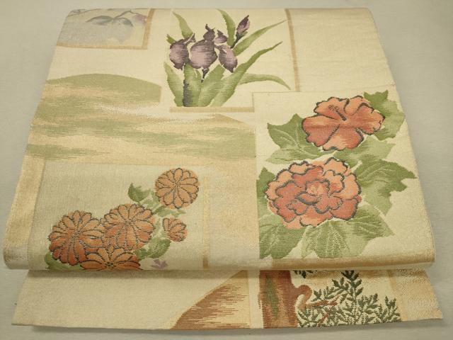 平和屋着物◎六通柄袋帯 色紙花文 金糸 正絹 逸品 DAAQ9376bc