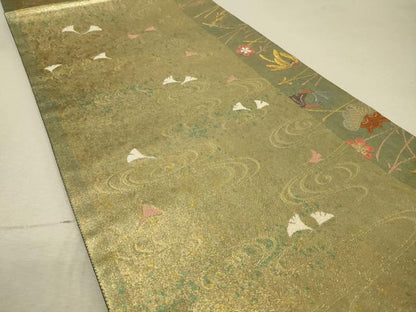 平和屋着物◎六通柄袋帯 唐織 流水舞葉文 金糸 正絹 逸品 DAAQ9379bc