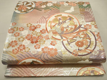平和屋着物◎六通柄袋帯　源氏車花鳥文　金銀糸　正絹　逸品　DAAQ9451bc