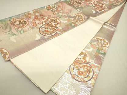 平和屋着物◎六通柄袋帯　源氏車花鳥文　金銀糸　正絹　逸品　DAAQ9451bc