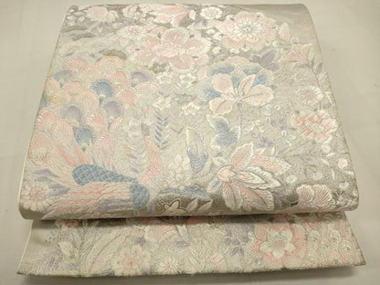 平和屋着物◎六通柄袋帯 更紗孔雀花文 銀糸 正絹 逸品 DAAQ9452bc