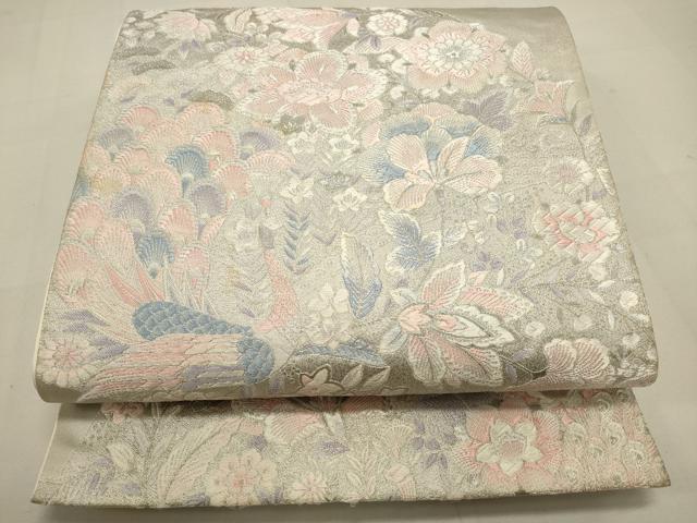 平和屋着物◎六通柄袋帯 更紗孔雀花文 銀糸 正絹 逸品 DAAQ9452bc