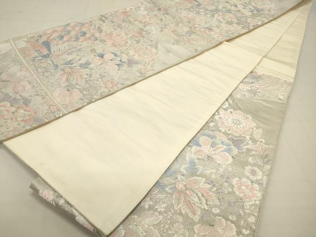 平和屋着物◎六通柄袋帯 更紗孔雀花文 銀糸 正絹 逸品 DAAQ9452bc