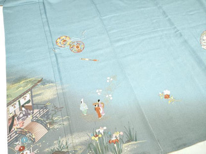 平和屋着物●中国三大刺繍 スワトウ刺繍 汕頭刺繍 訪問着 人物楽器花文 暈し染め 金糸 正絹 逸品 DAAR0170yyy
