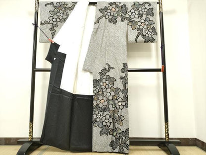 平和屋着物●訪問着 総絞り 枝花文 黒地 金彩 鈴乃屋扱い 正絹 逸品 DAAR0299yyy