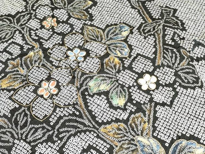 平和屋着物●訪問着 総絞り 枝花文 黒地 金彩 鈴乃屋扱い 正絹 逸品 DAAR0299yyy