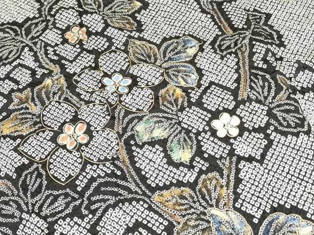 平和屋着物●訪問着 総絞り 枝花文 黒地 金彩 鈴乃屋扱い 正絹 逸品 DAAR0299yyy