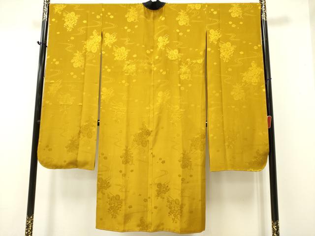 平和屋着物●振袖用長襦袢　無双仕立て　流水花車地紋　桑茶色　半衿刺繍　正絹　逸品　未使用　DAAR0300yyy