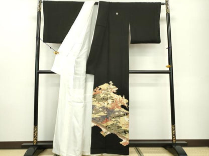 平和屋着物■豪華黒留袖 駒刺繍 群鶴花松文 金彩 正絹 逸品 DAAR0526fe