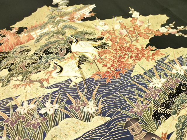 平和屋着物■豪華黒留袖 駒刺繍 群鶴花松文 金彩 正絹 逸品 DAAR0526fe