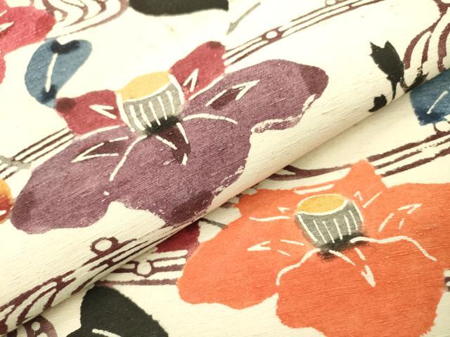 平和屋着物●九寸名古屋帯　紬地　型染　流水花文　葵　正絹　逸品　DAAR0668fe