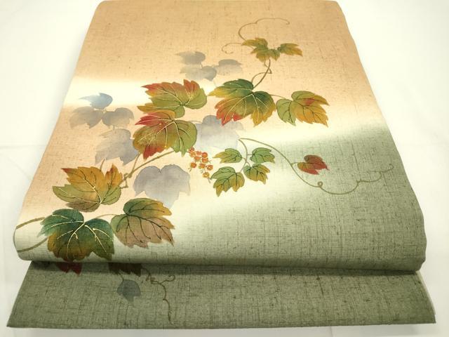 平和屋着物●太鼓柄袋帯 紬地 手描き 南天蔦の葉文 金彩 正絹 逸品 DAAR0710fe