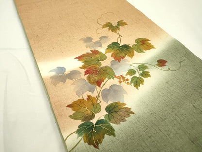 平和屋着物●太鼓柄袋帯 紬地 手描き 南天蔦の葉文 金彩 正絹 逸品 DAAR0710fe