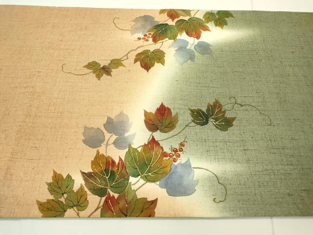 平和屋着物●太鼓柄袋帯 紬地 手描き 南天蔦の葉文 金彩 正絹 逸品 DAAR0710fe