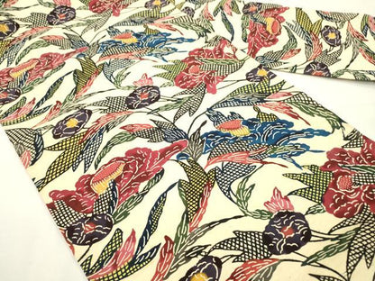 平和屋着物●全通柄九寸名古屋帯　紬地　紅型　草花　正絹　逸品　DAAR0815fe