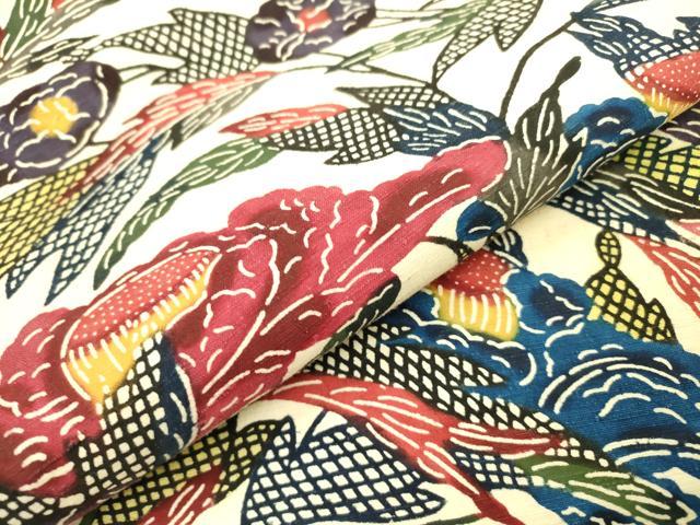 平和屋着物●全通柄九寸名古屋帯　紬地　紅型　草花　正絹　逸品　DAAR0815fe