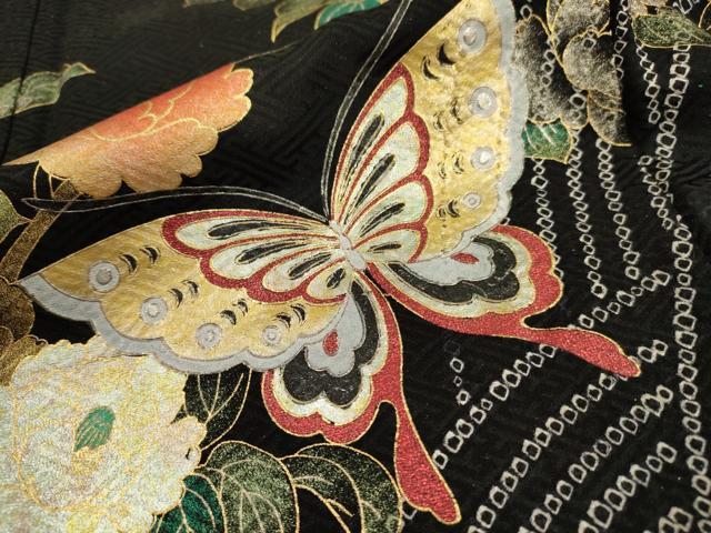 平和屋着物∵女の子 十三参り 子供 祝着 花蝶文 黒地 金彩 逸品 DAAR1356jm