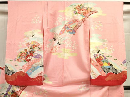 平和屋着物[]七五三　女の子　７歳　祝着　四つ身　飛鶴御所車花文　金彩　洗える着物　DAAR1375jm