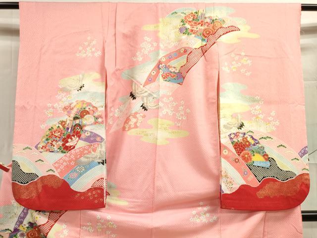 平和屋着物[]七五三　女の子　７歳　祝着　四つ身　飛鶴御所車花文　金彩　洗える着物　DAAR1375jm