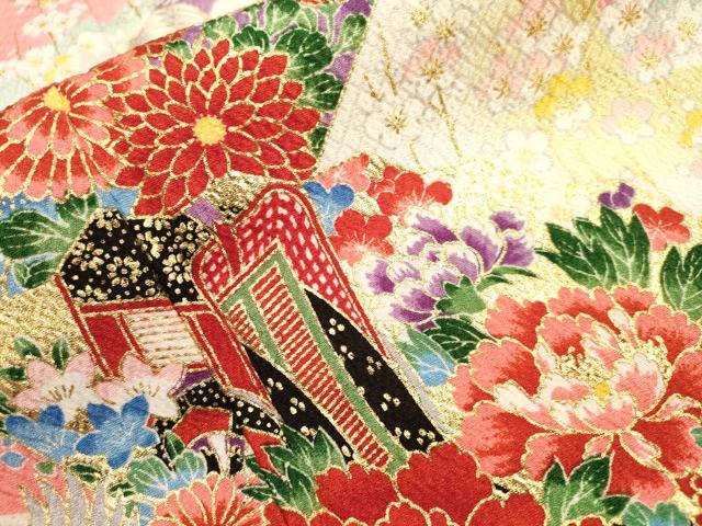 平和屋着物[]七五三　女の子　７歳　祝着　四つ身　飛鶴御所車花文　金彩　洗える着物　DAAR1375jm