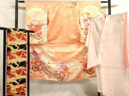 平和屋着物[]七五三　女の子　７歳　祝着　四つ身　長襦袢・丸帯セット　駒刺繍　花車文　金彩　洗える着物　DAAR1379jm