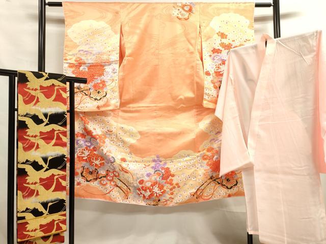 平和屋着物[]七五三　女の子　７歳　祝着　四つ身　長襦袢・丸帯セット　駒刺繍　花車文　金彩　洗える着物　DAAR1379jm