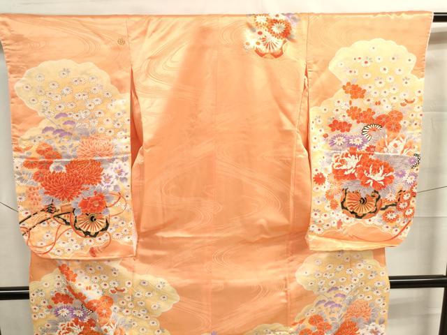 平和屋着物[]七五三　女の子　７歳　祝着　四つ身　長襦袢・丸帯セット　駒刺繍　花車文　金彩　洗える着物　DAAR1379jm