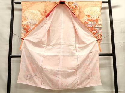 平和屋着物[]七五三　女の子　７歳　祝着　四つ身　長襦袢・丸帯セット　駒刺繍　花車文　金彩　洗える着物　DAAR1379jm